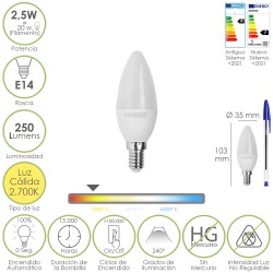 Bombilla Led Vela E14. 2,5 Watt. Equivale A 20 Watt. 250 Lumenes. Luz Calida 2700º K.