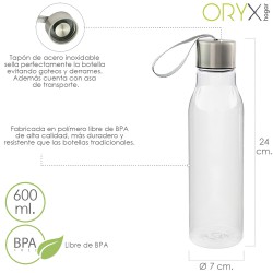 Botella Agua, Capacidad De 600 ML. Plastico Libre BPA, Con Asa, Tapon Acero Inoxidable.