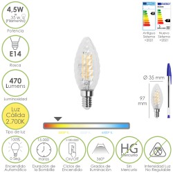 Bombilla Led Filamento Vela Twist. E14. 4,5 Watt. Equivale A 35 Watt. 470 Lumenes. Luz Calida 2700º K.